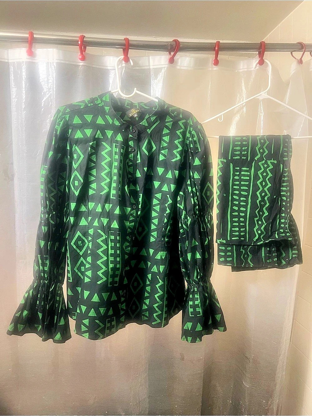 Green & Black Geometric Kimono Set